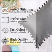 Velvet Cushion Covers Adorned With Pom Poms Rectangular Set of 2 ,Grey